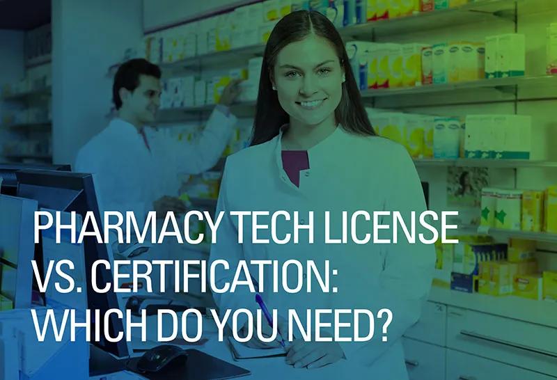 A pharmacy technician is shown working in front of a laptop with shelves of prescriptions in the background.