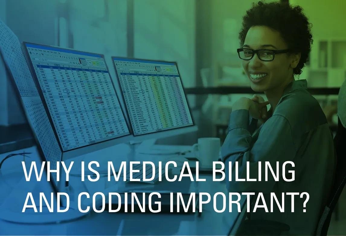 A medical biller and coder sits in front of her spreadsheets at her desk.