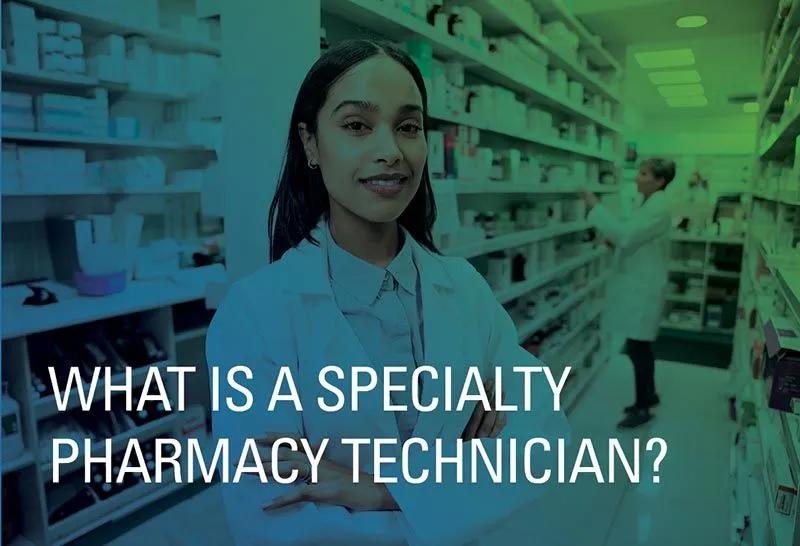 Image of a specialty pharmacy technician standing with shelves of medication behind her.