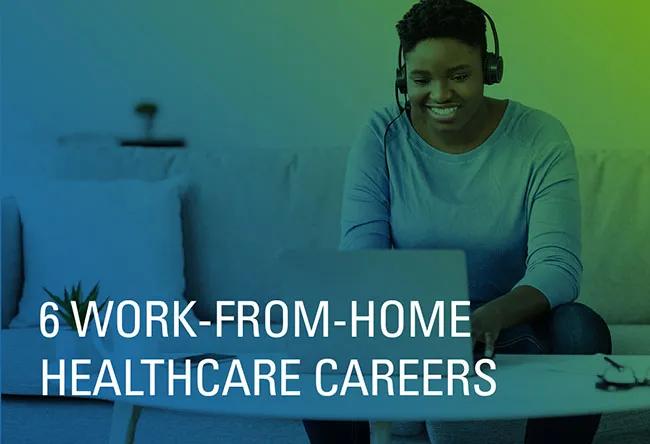 A healthcare worker is working from home in front of her laptop with headphones on, smiling.