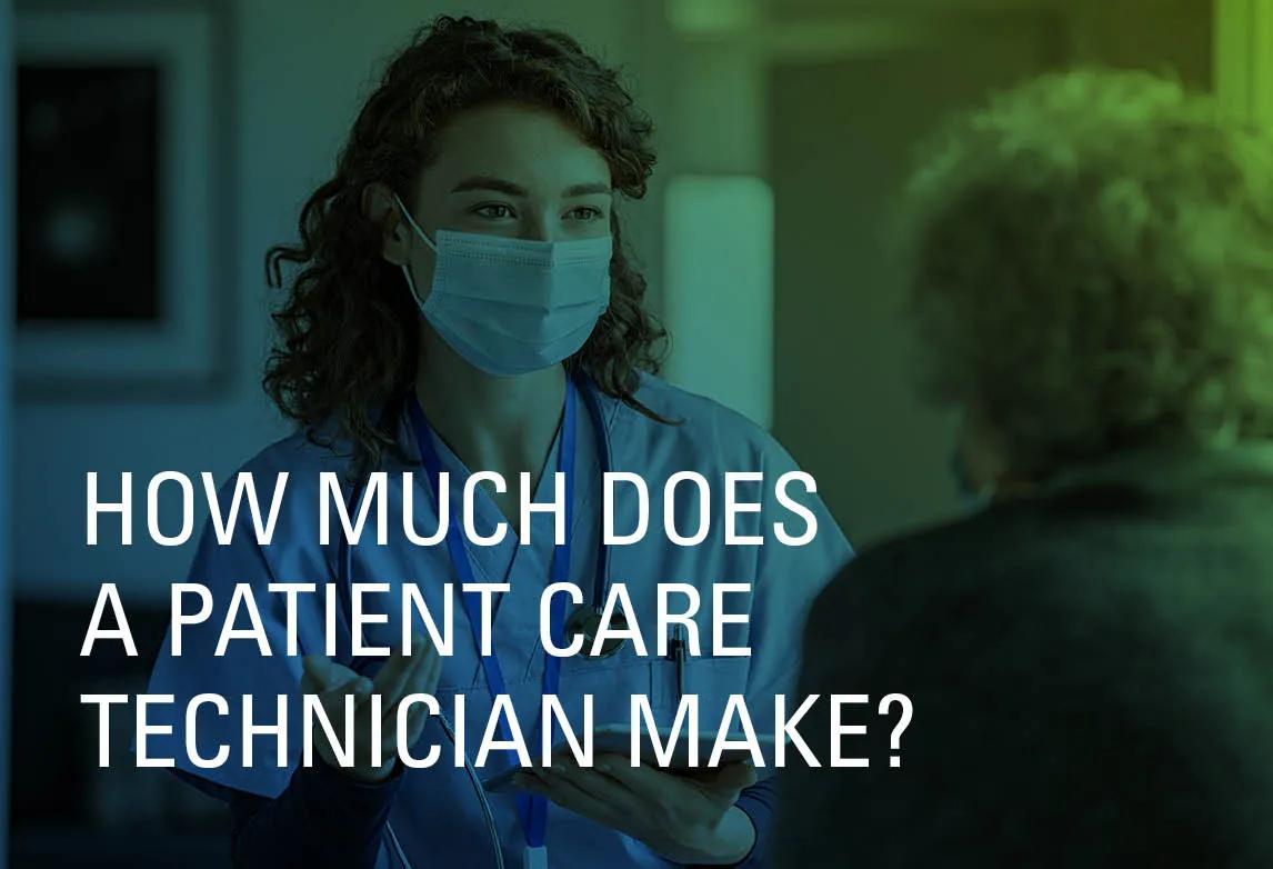 Patient care technician standing in an exam room and talking with a patient while holding an electronic tablet.