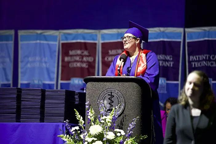 Triple Emmy-Winning journalist and bestselling author Gaby Natale delivers remarks at UMA's Spring 2023 Commencement.