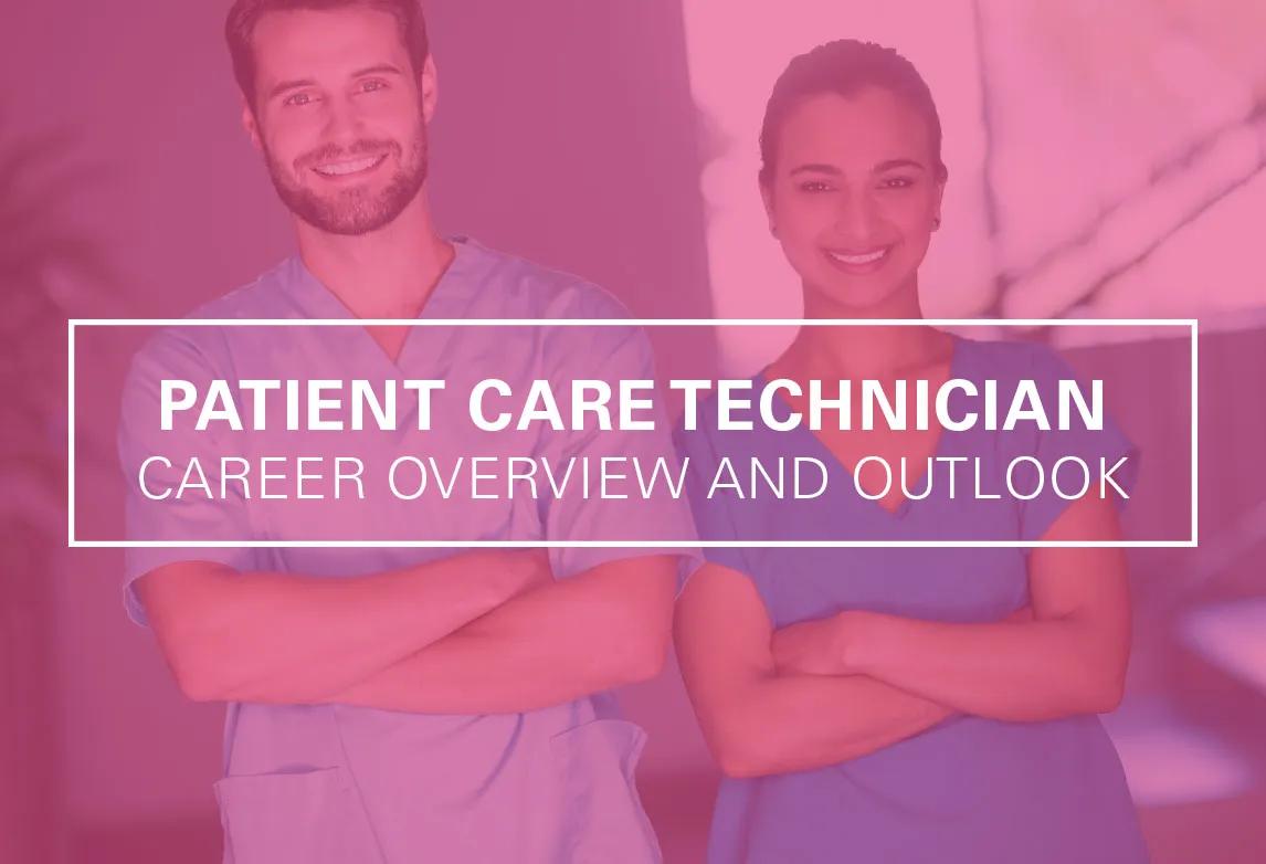 Healthcare career school Ultimate Medical Academy's graphic of two patient care technicians standing side by side with their arms crossed and smiling after completing patient care technician training