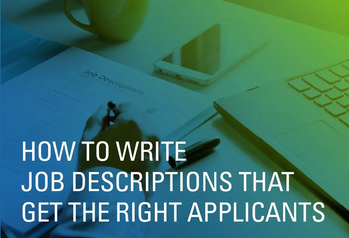 A desktop is featured with a stack of blank job descriptions that a worker is filling out.